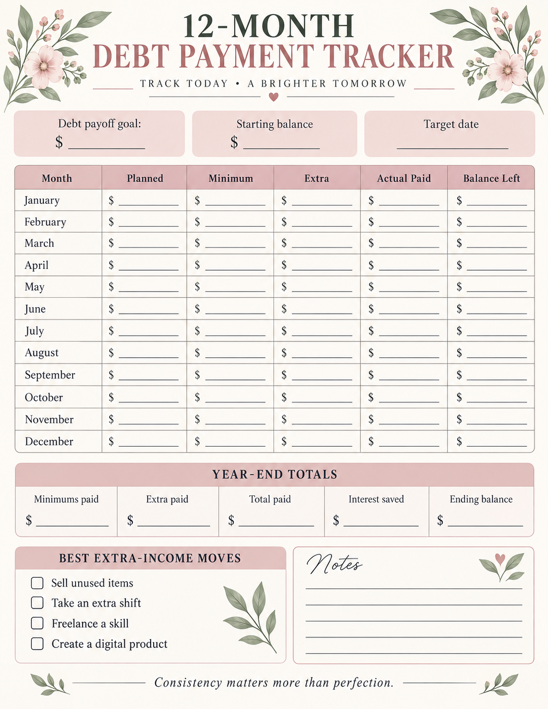12-Month Debt Payment Tracker printable